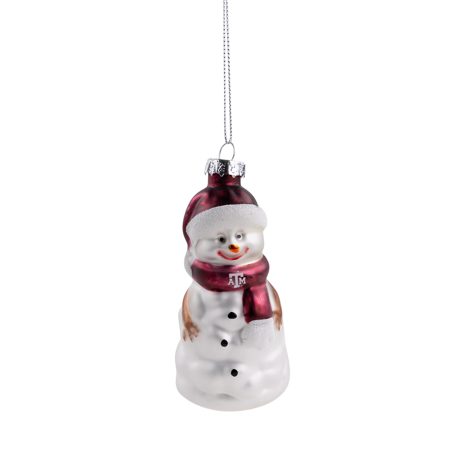 Snowman ornament wearing a maroon scarf and a white ATM logo