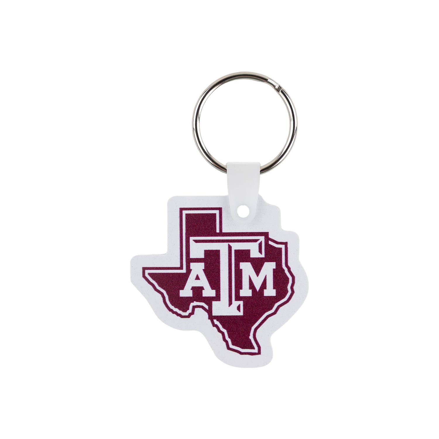 Texas A&M keychain featuring the maroon and white ATM logo centered inside the outline of Texas, with a silver metal key ring.