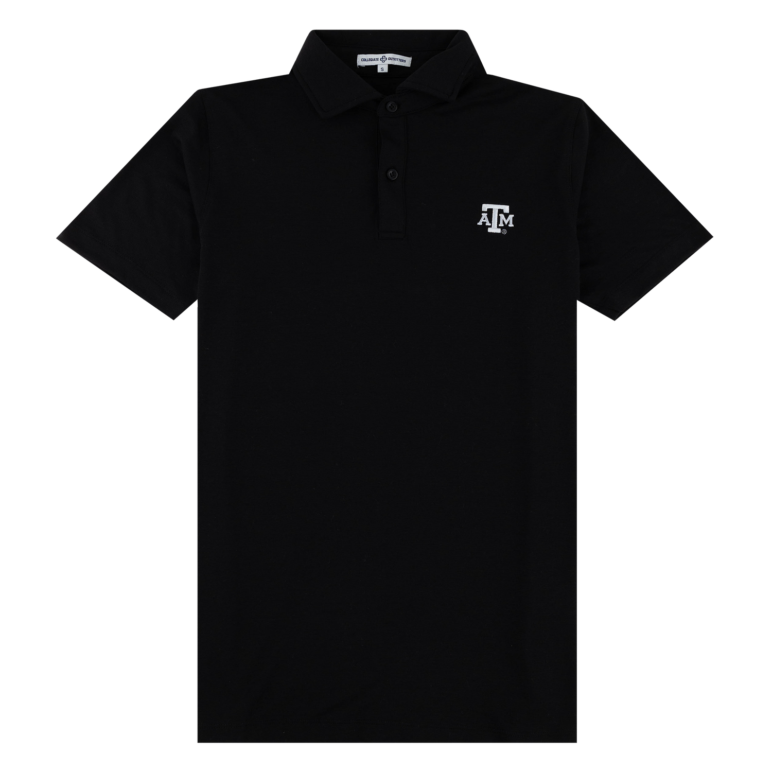 Black polo shirt with a logo on the chest against a white background