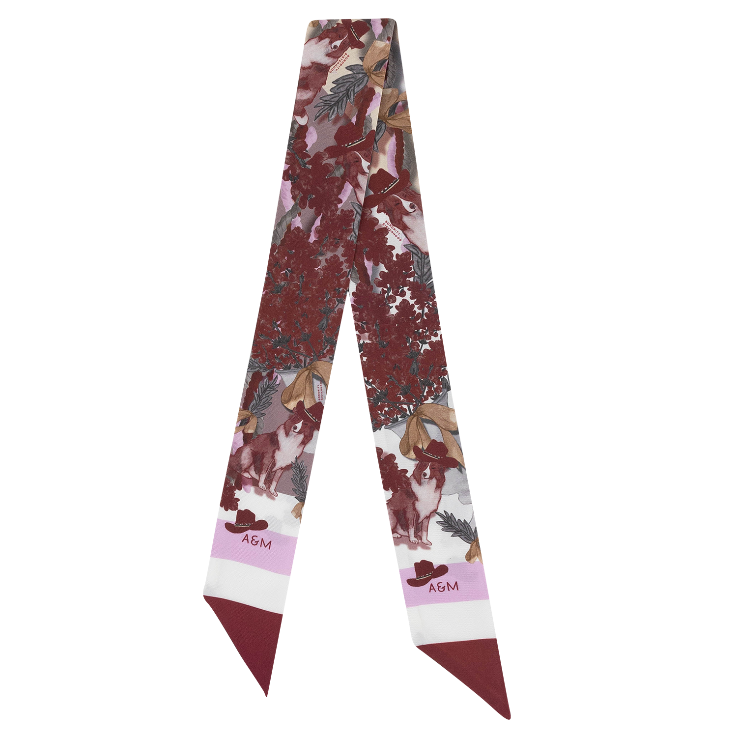 A patterned silk scarf with a botanical and dog print in burgundy, white, and pink, featuring the brand name 'A&M' printed on the pointed ends.