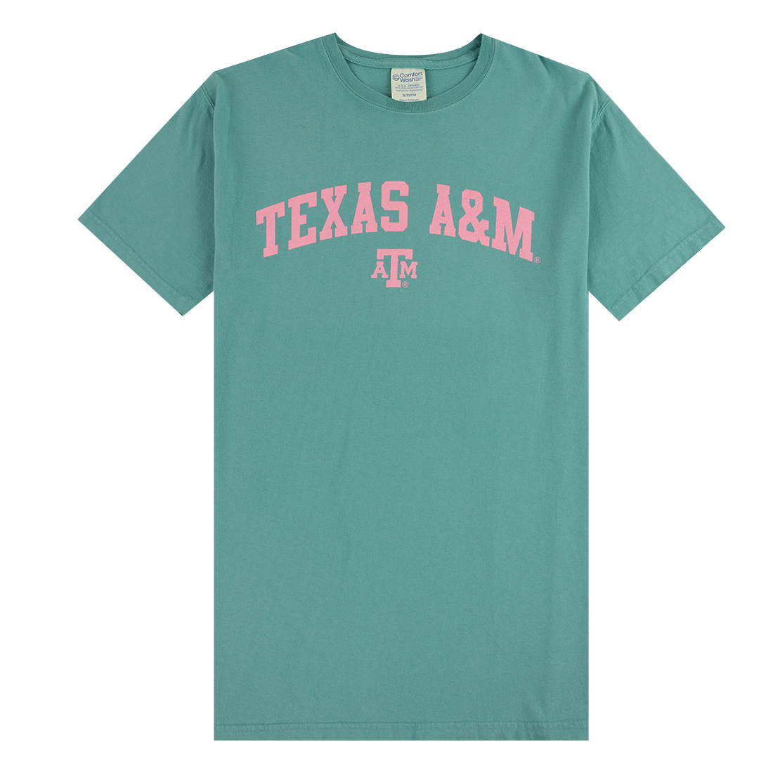 Teal t-shirt with 'Texas A&M' printed in pink 
