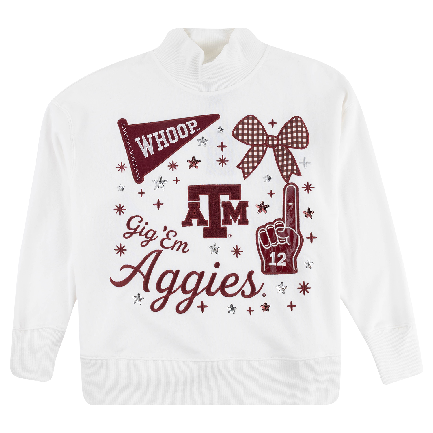 White long-sleeve mock-neck sweatshirt featuring maroon Texas A&M graphics including an ATM logo, "WHOOP" pennant, "Gig 'Em Aggies" script, gingham bow, and #12 foam finger with sparkling stars