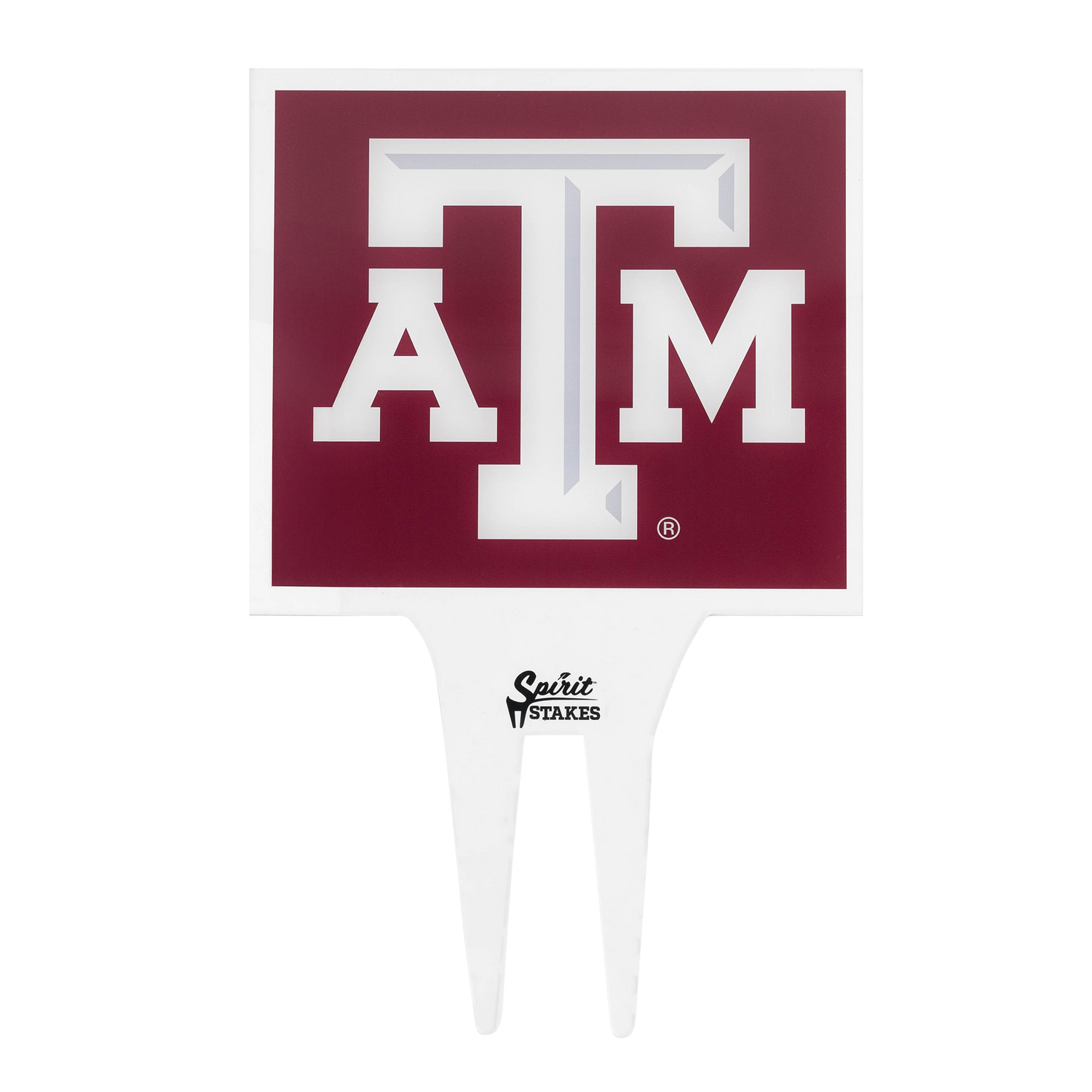 Texas A&M logo on a clear stand with maroon background