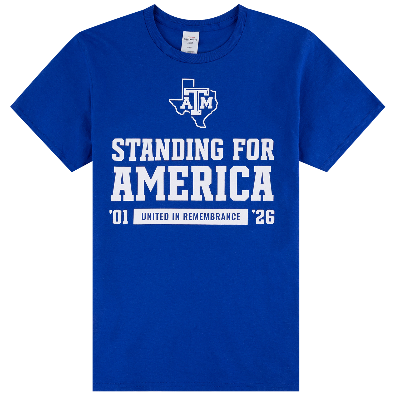 Blue t-shirt with standing for america in white text