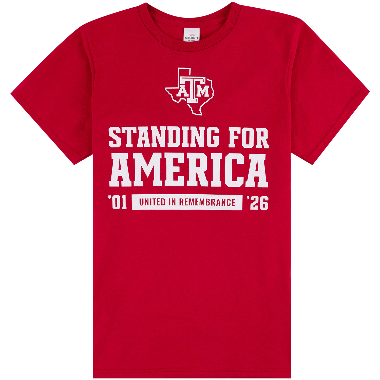 Red T-Shirt with Texas A&M Standing For America text on the front