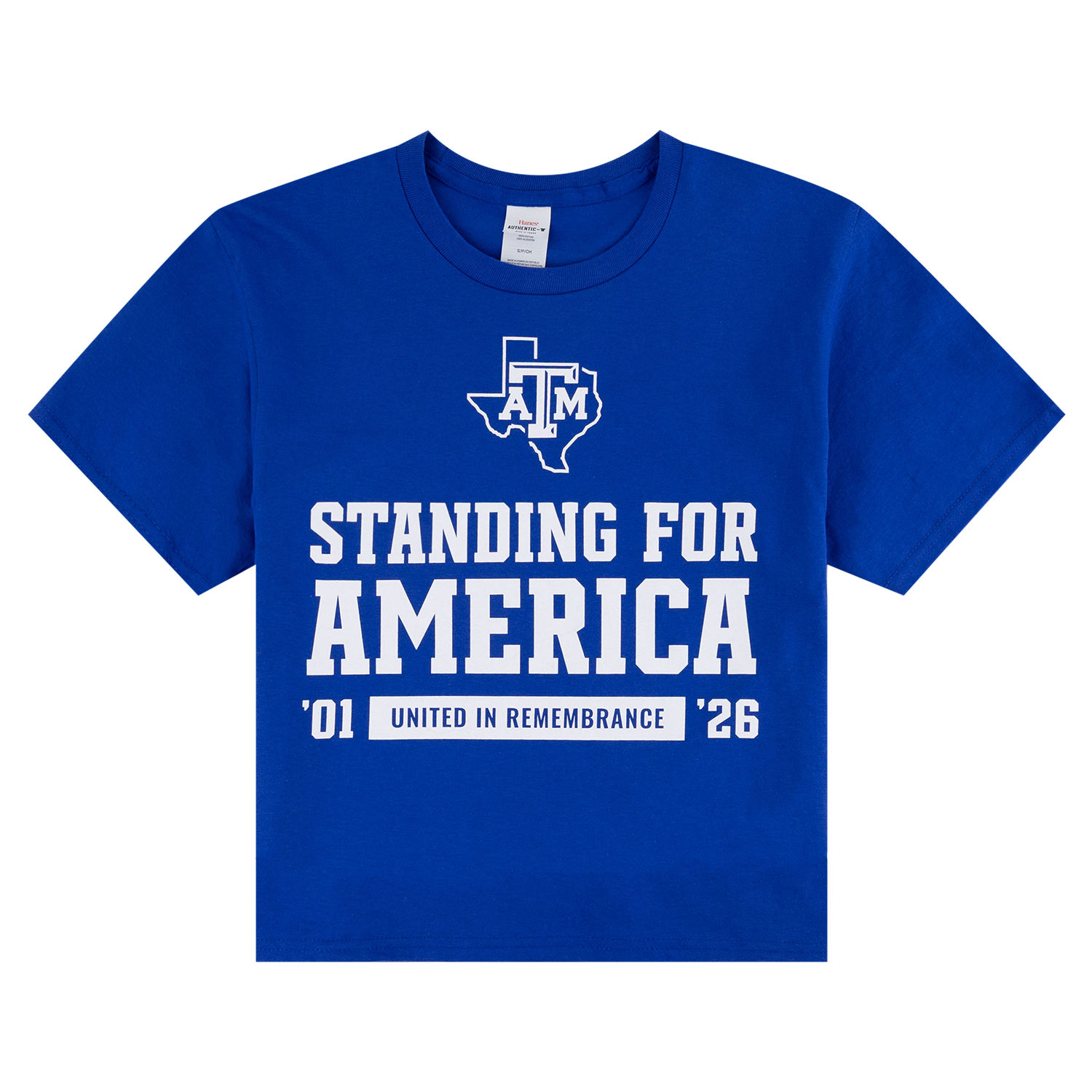 Blue t-shirt with standing for america in white text