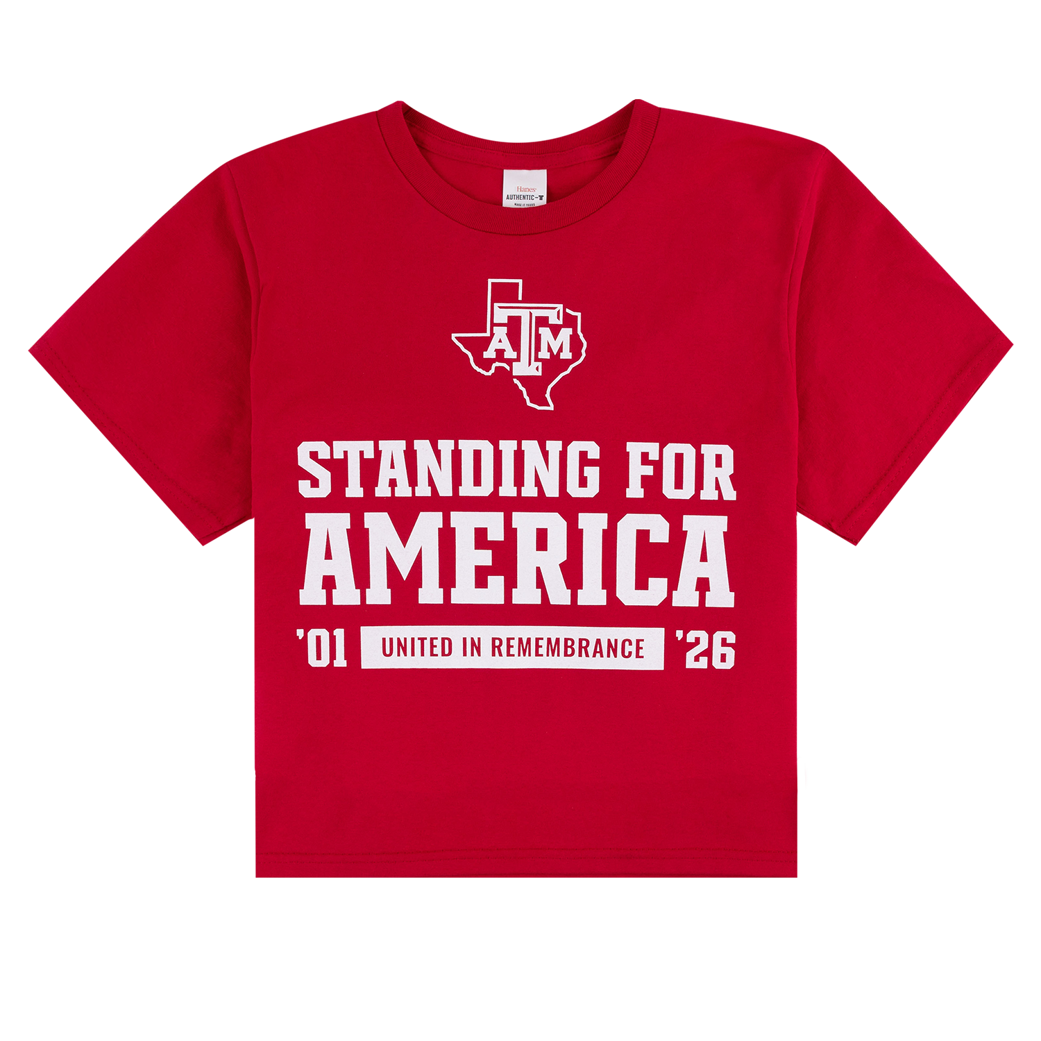 Red T-Short with White Texas A&M Standing For America text on the front