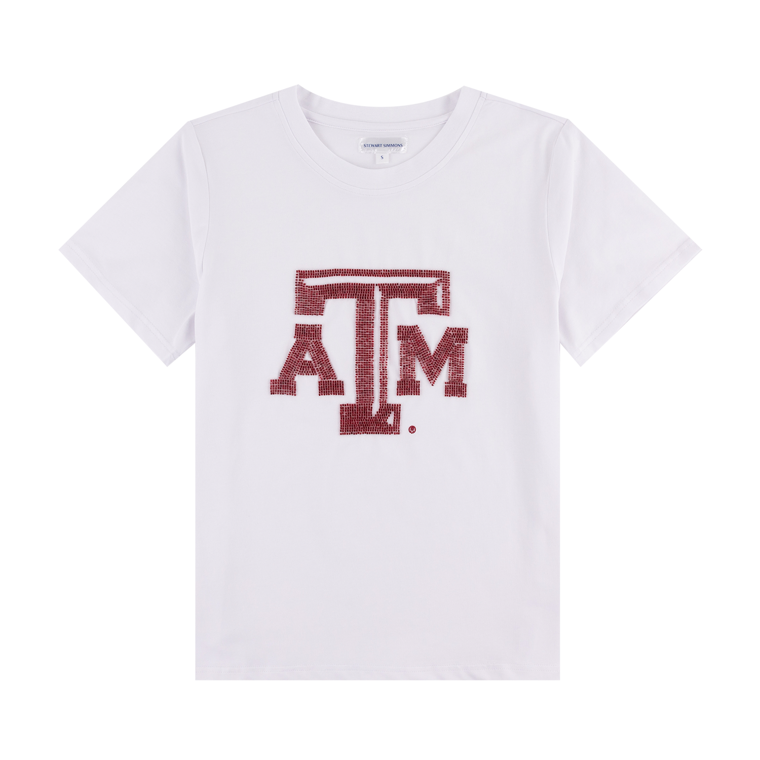 A white short-sleeve crewneck t-shirt featuring a beaded maroon 'A&M' logo on the front, representing the Texas A&M University brand.