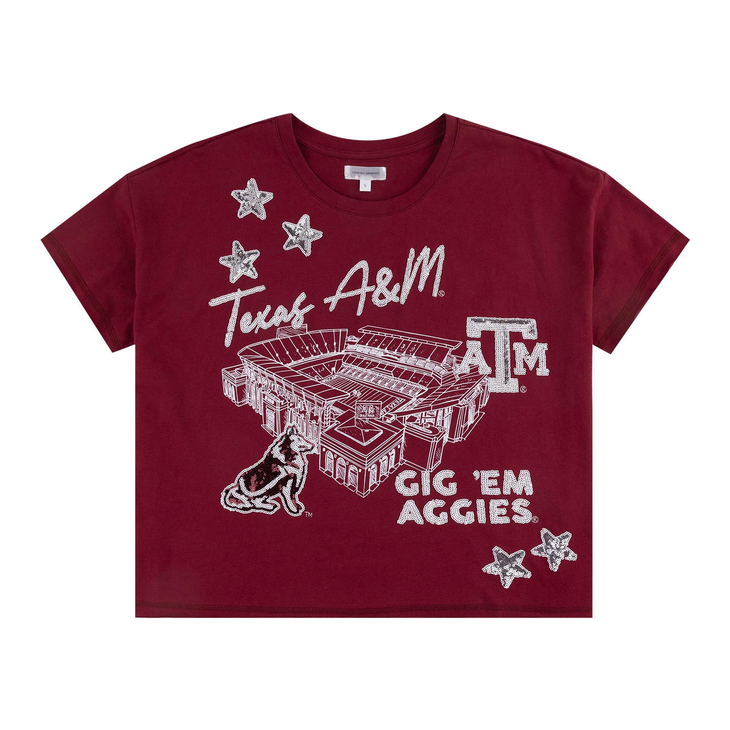 A maroon short-sleeve graphic T-shirt featuring a white line drawing of Kyle Field, the Texas A&M 'A&M' logo, 'Texas A&M' script, the Reveille mascot, and 'Gig 'Em Aggies' text, shown on a plain white background.