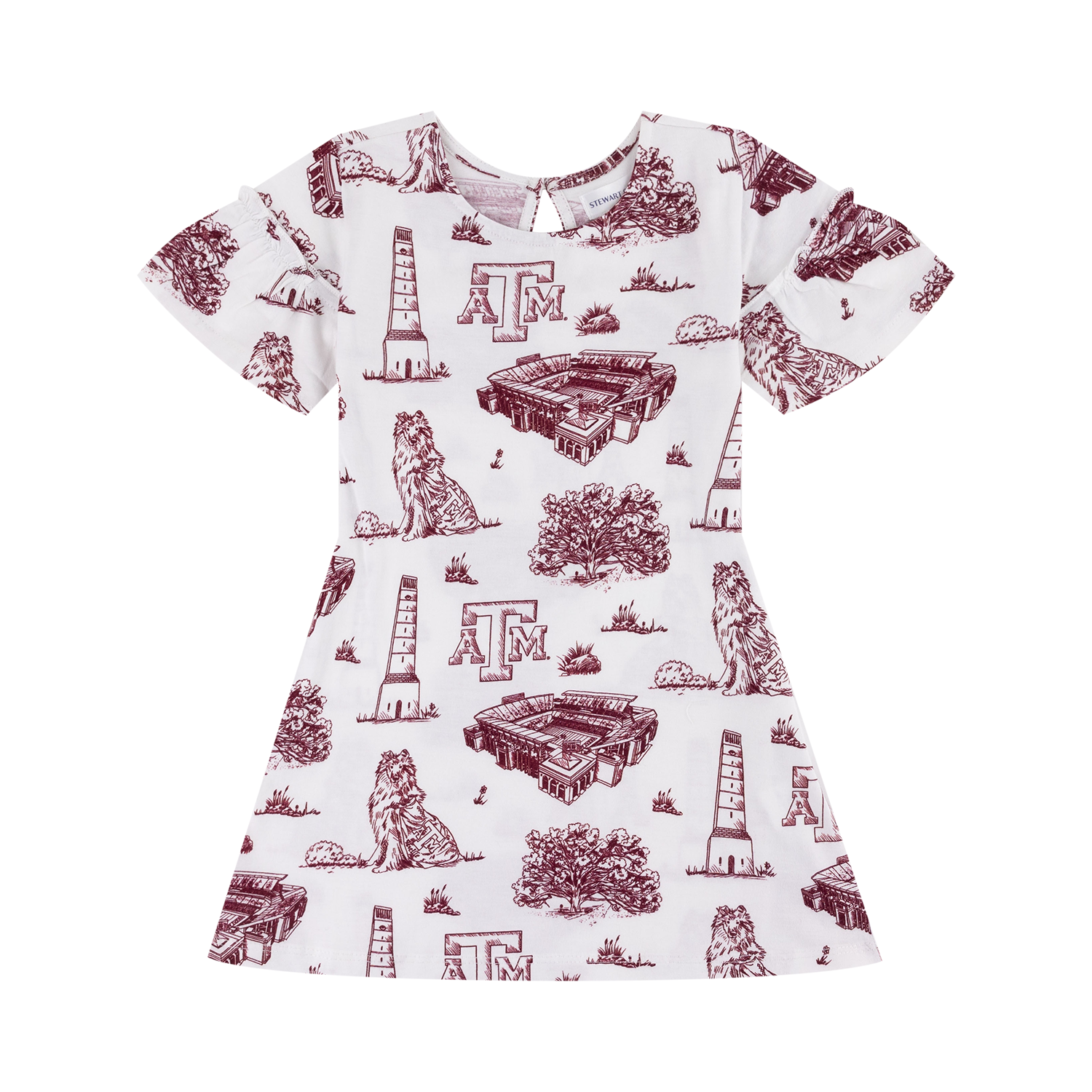 A short-sleeve white dress featuring an all-over maroon collegiate-style print with Texas A&M elements, including the 'A&M' logo, lighthouses, Kyle Field, and the Century Tree.