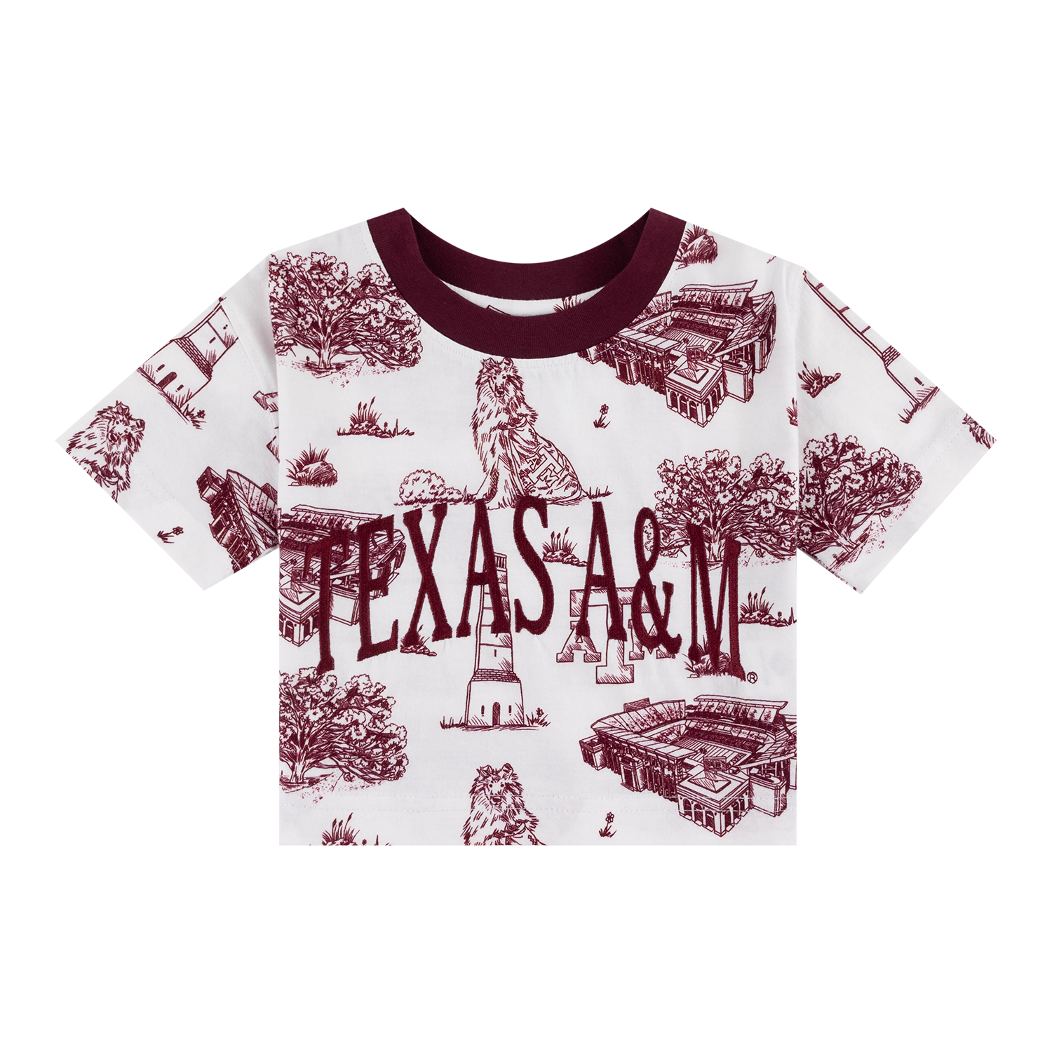 A short-sleeve girls tee with a white base and a maroon graphic print featuring Texas A&M landmarks, and embroidered text 'TEXAS A&M' , set against a plain white background.