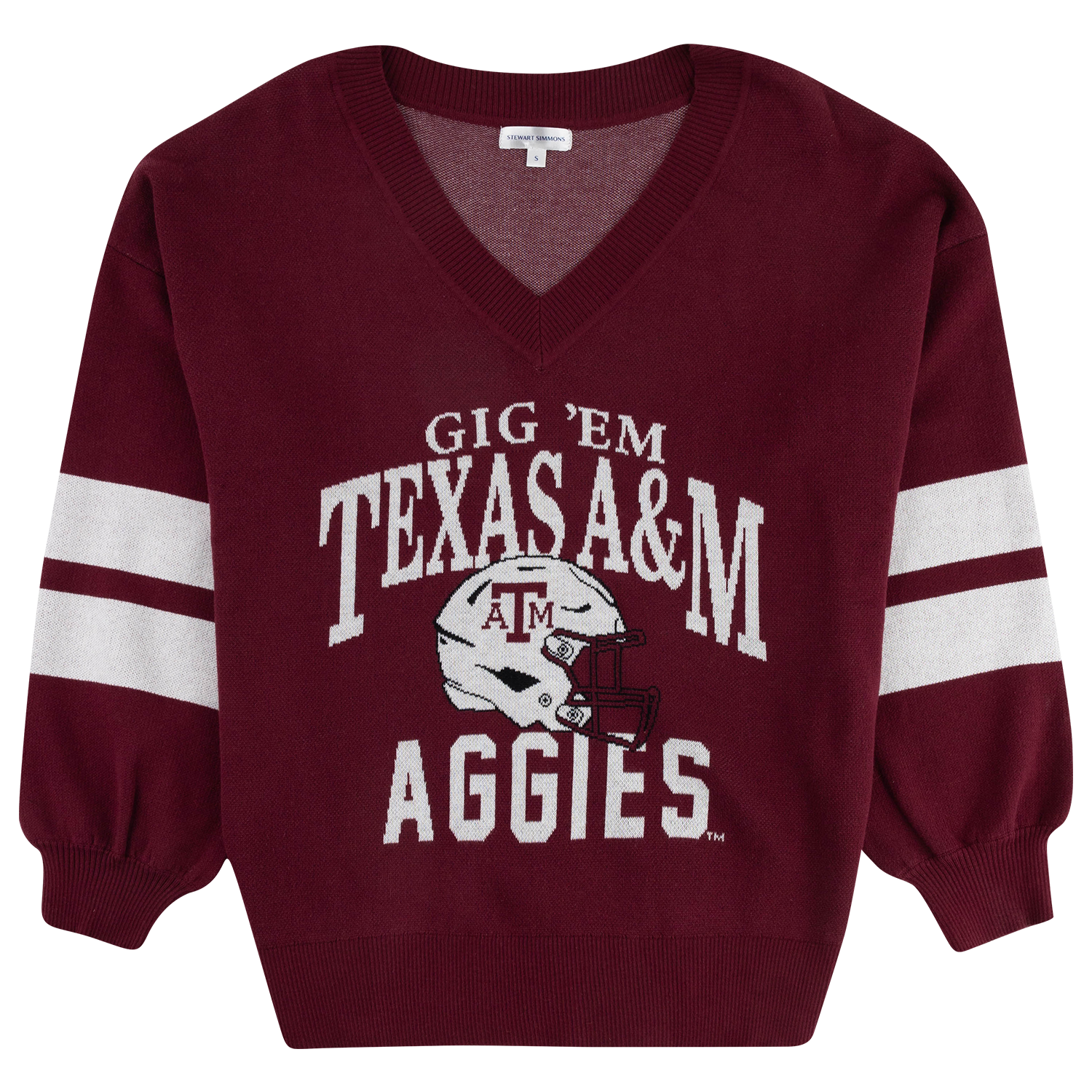 A maroon long-sleeve V-neck sweater with white stripes on the sleeves and a large white 'GIG 'EM TEXAS&M AGGIES' football helmet graphic on the front.