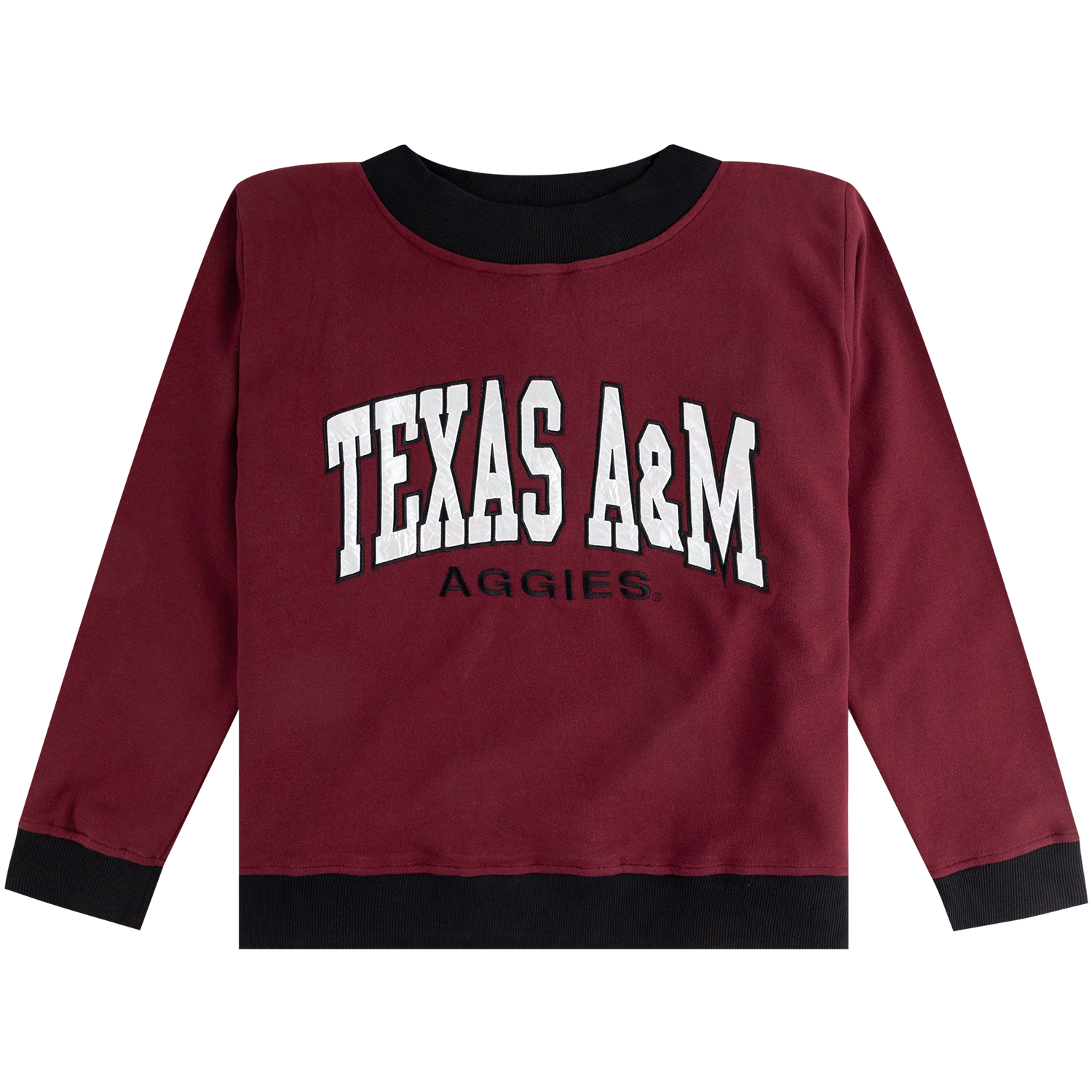 Maroon Texas A&M sweatshirt featuring a holographic white “TEXAS A&M” graphic with black outline and “AGGIES” lettering underneath, plus black ribbed trim at the collar, cuffs, and hem.