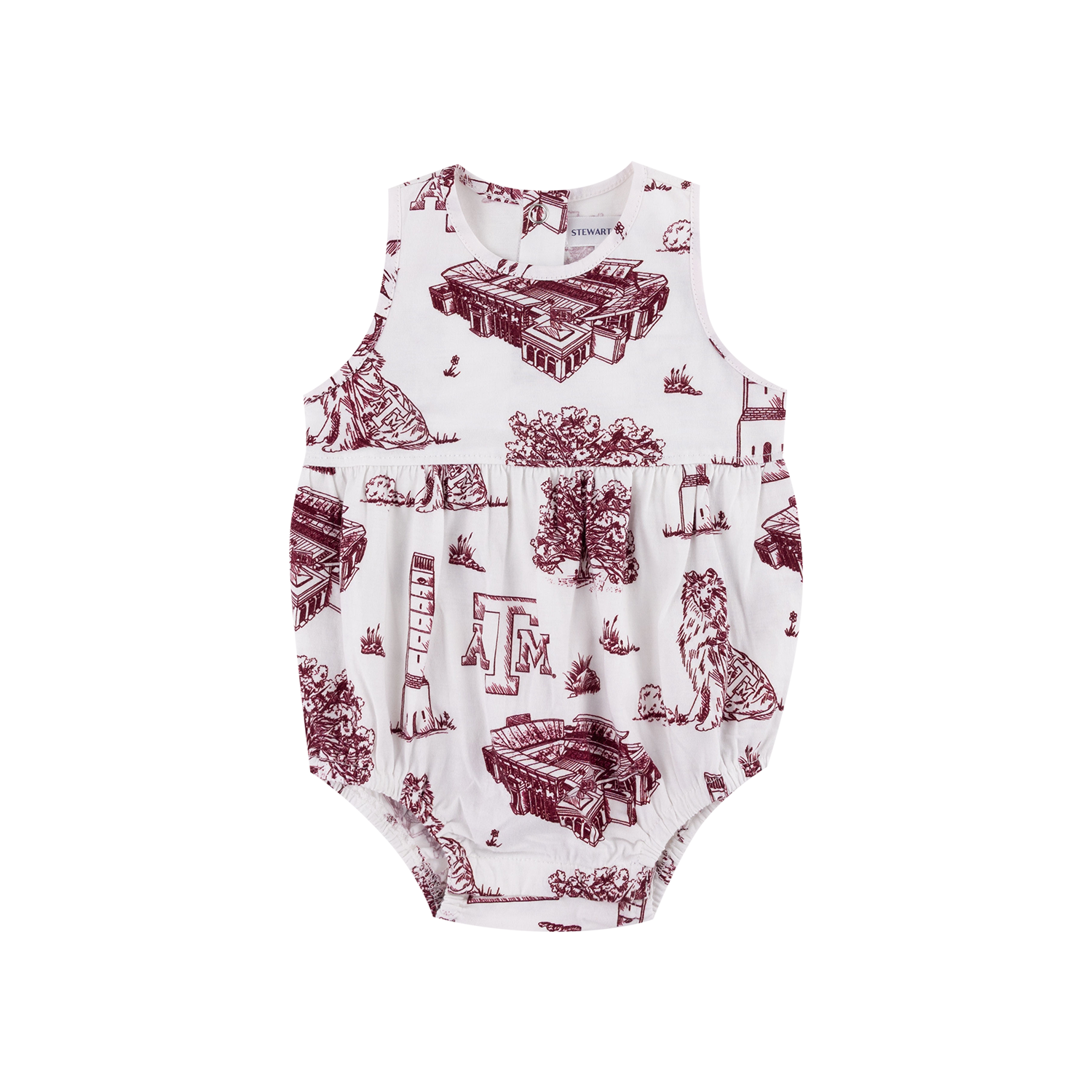 A sleeveless baby bodysuit in white with a dark maroon toile-style print featuring Texas A&M architecture, Reveille, and an 'A&M' logo, shown on a plain white background.