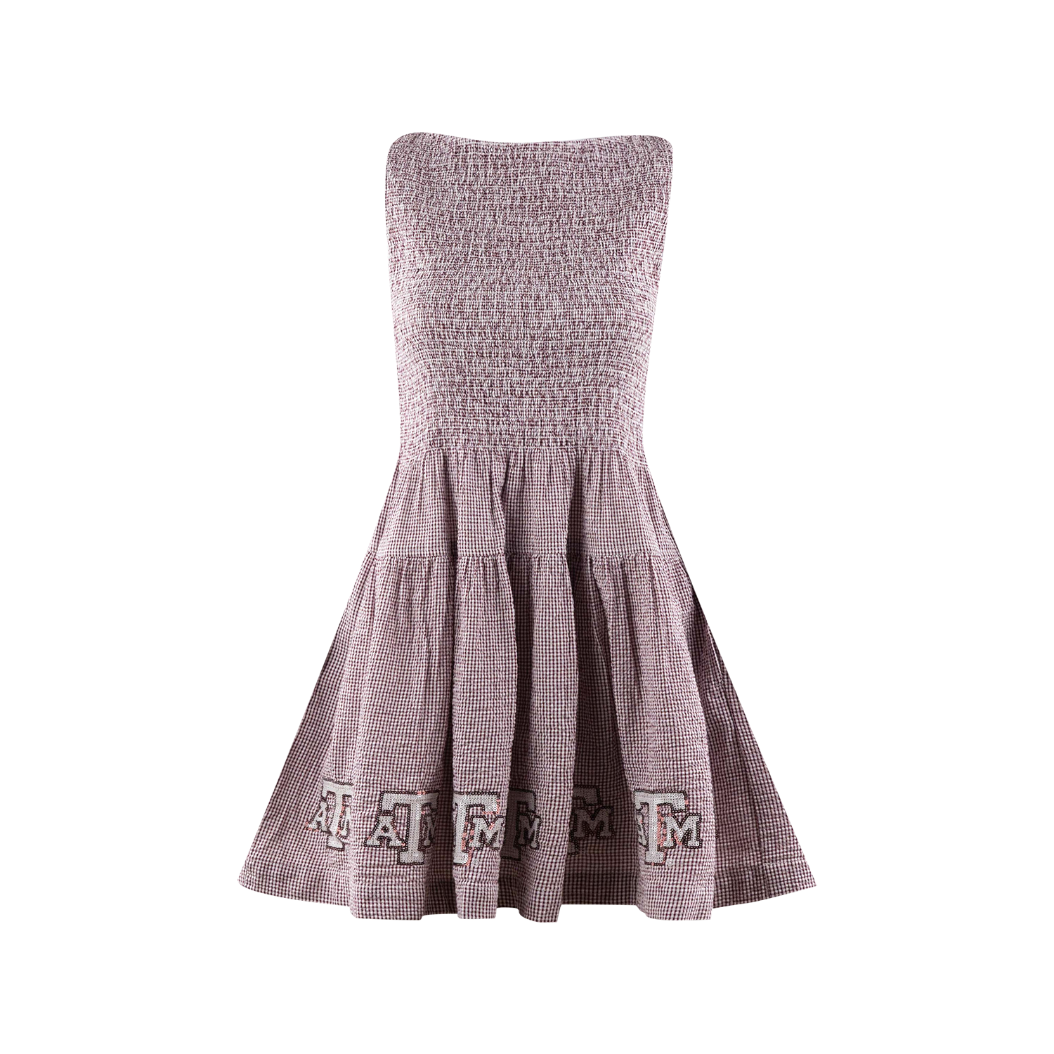 A sleeveless smocked dress with a tiered skirt in a dusty maroon and white micro-check pattern, featuring 'ATM' lettering on the hem, shown against a plain white background.