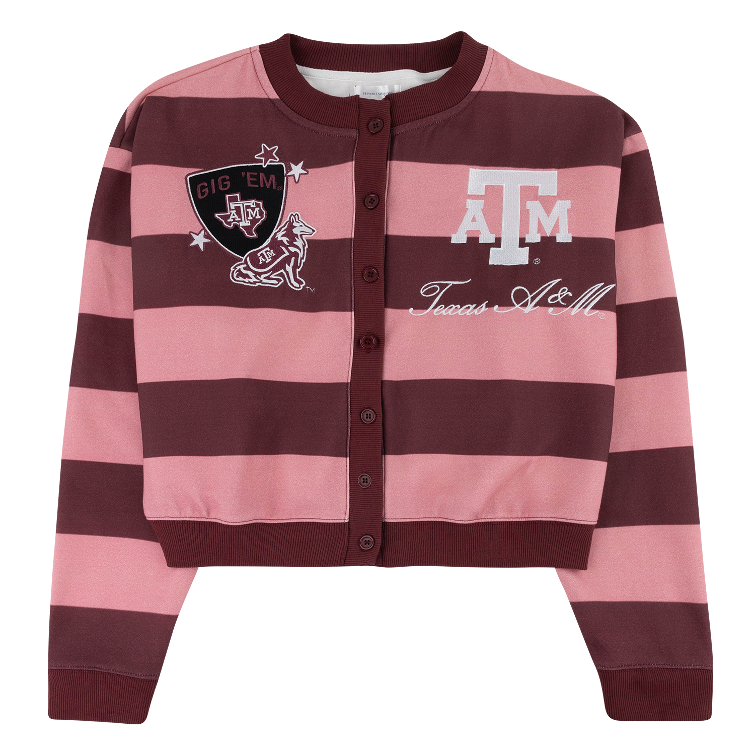 A cropped button-up cardigan with horizontal pink and maroon stripes, featuring a maroon ribbed collar, cuffs, and hem. The left chest displays a black shield logo with a white bull and the words 'GIG 'EM', while the right chest features a large white 'A&M' logo with 'Texas A&M' script underneath.