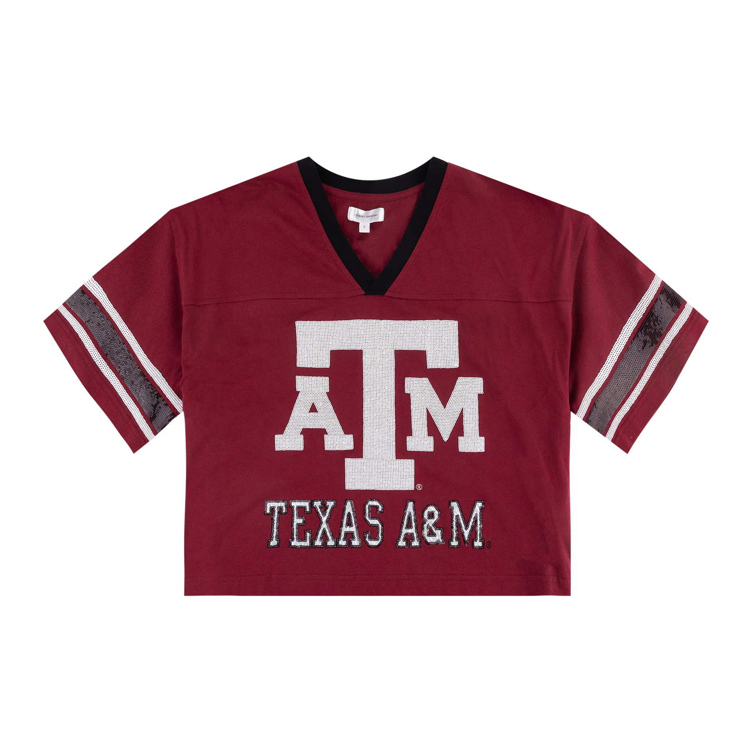A maroon cropped V-neck jersey with a black collar, featuring a large white 'A&M' logo and 'TEXAS A&M' text on the front, with striped sleeve details.