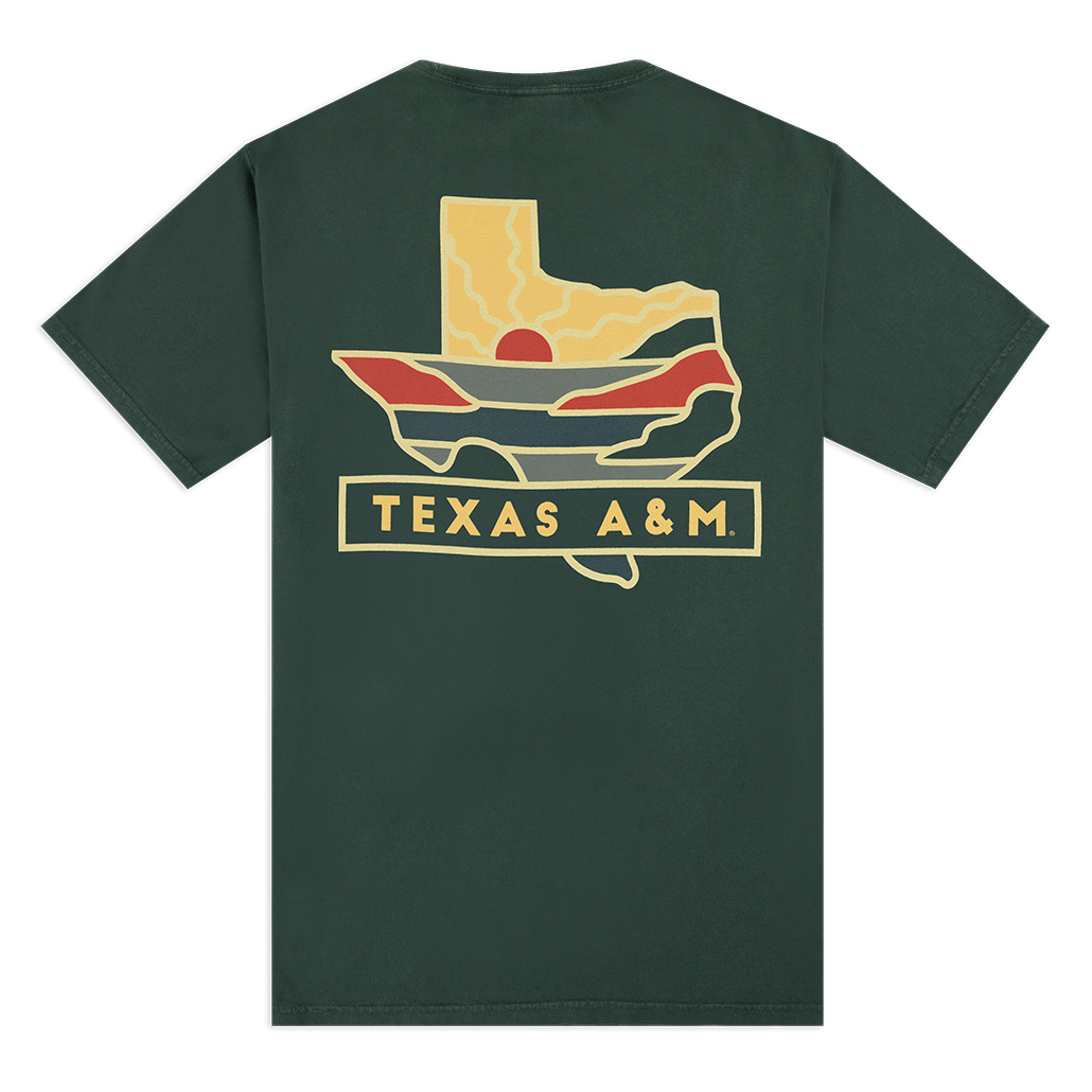 Green back of a t-shirt with the Texas state as a sunset and "TEXAS A&M" in yellow