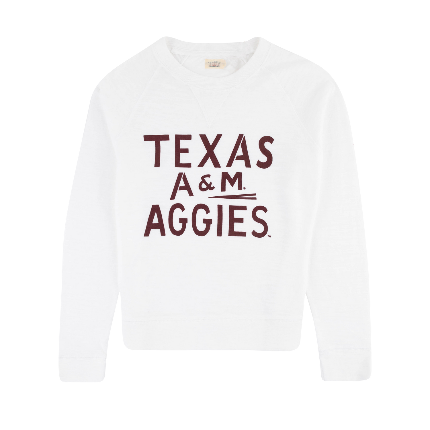 A white long-sleeve crewneck sweatshirt featuring the text 'TEXAS A&M AGGIES' printed in dark maroon across the chest.