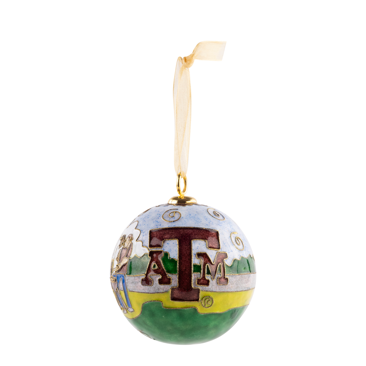 Ornament of people tailgating next to Kyle Field with maroon ATM logo.