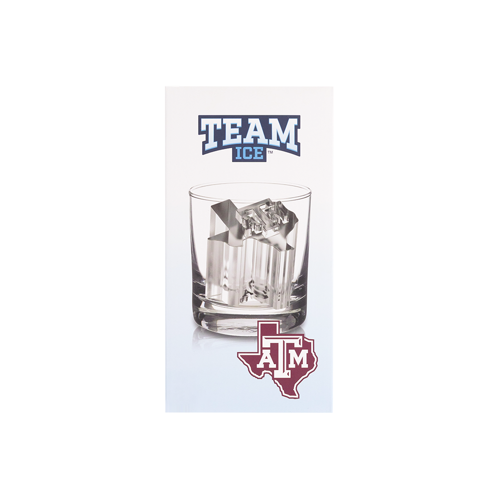 Clear glass with ice cubes and 'Team Ice' and Texas A&M logo