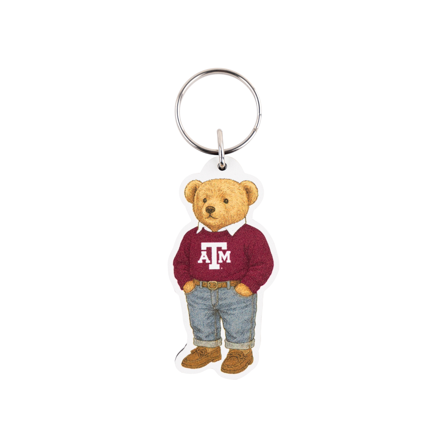 Keychain with a teddy bear wearing a maroon sweater with a logo and blue jeans