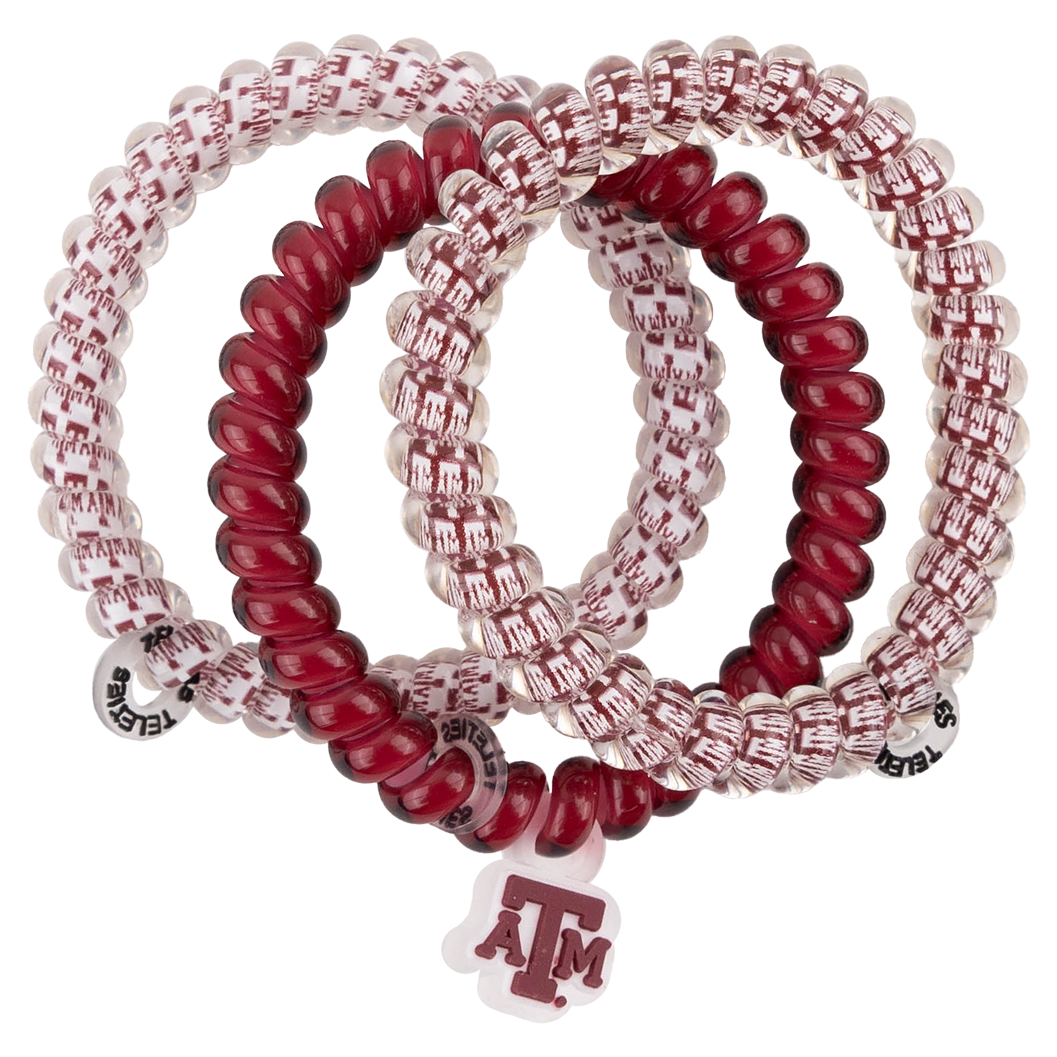 Texas A&M maroon and white beaded stretch bracelets featuring repeating Texas A&M logos and a maroon ATM logo charm.