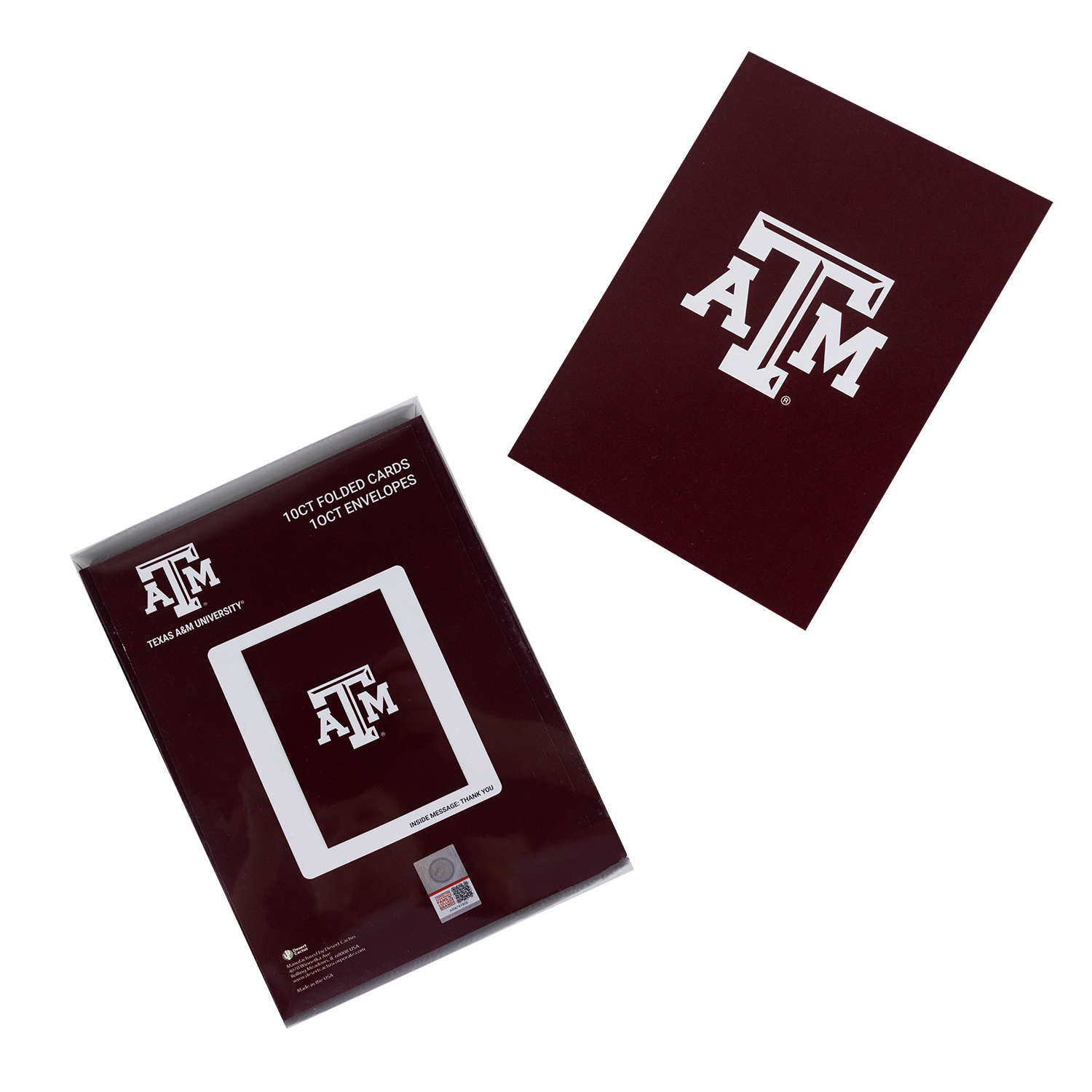 A pack of Texas A&M University folded card envelopes, shown with the retail packaging and one unfolded envelope displaying the white Texas A&M 'A&M' logo on a dark maroon background.
