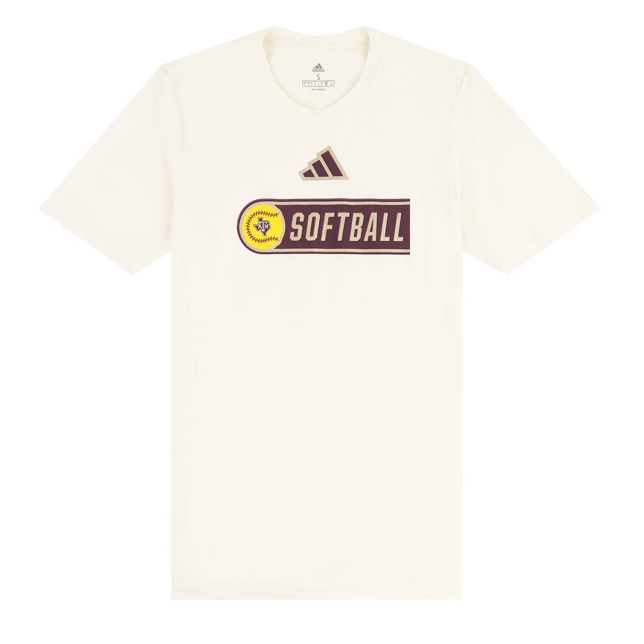 Cream Short Sleeve T-Shirt with a Softball and the Texas A&M emblem in the middle of the ball. 