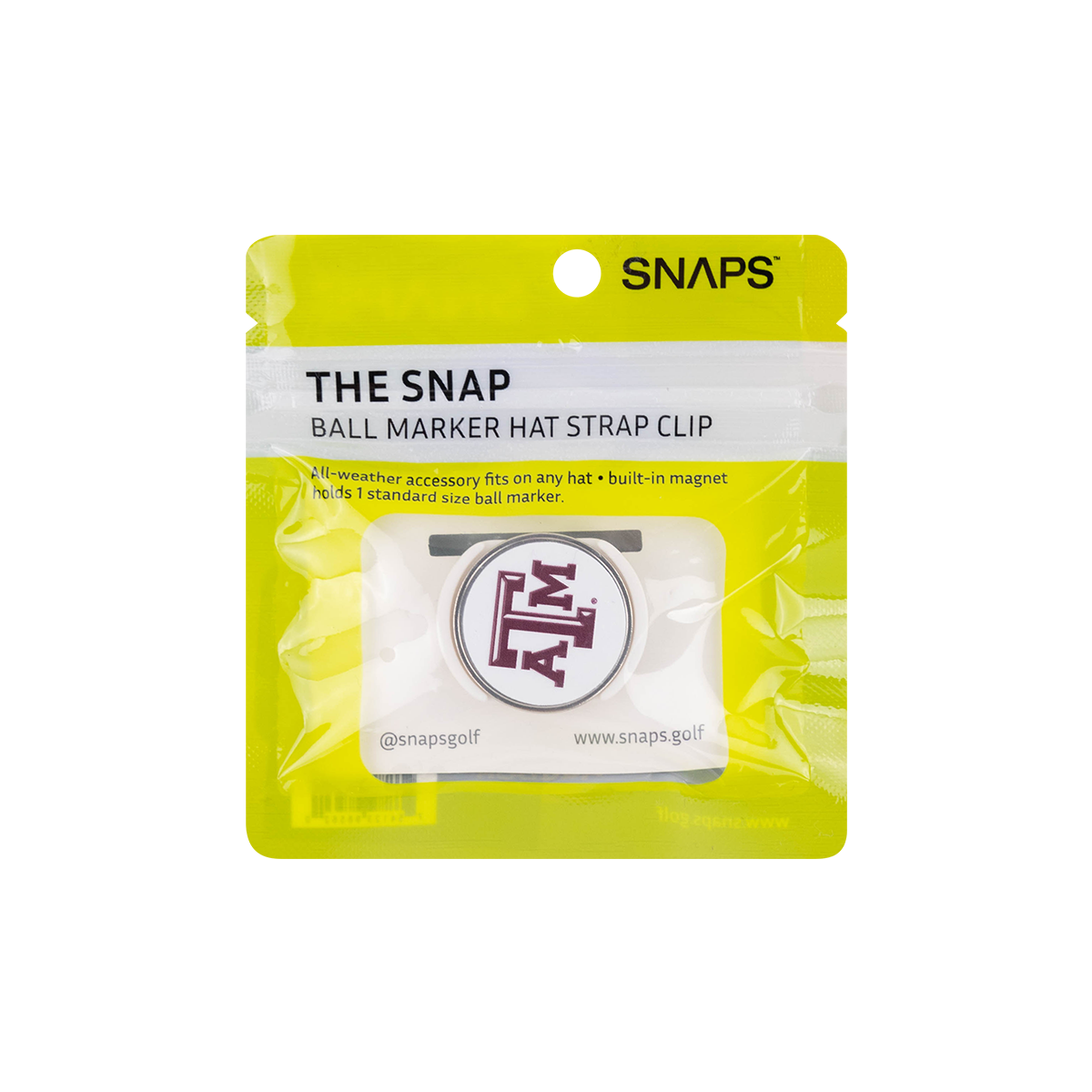 Packaged 'The Snap' ball marker hat strap clip with Texas A&M logo 