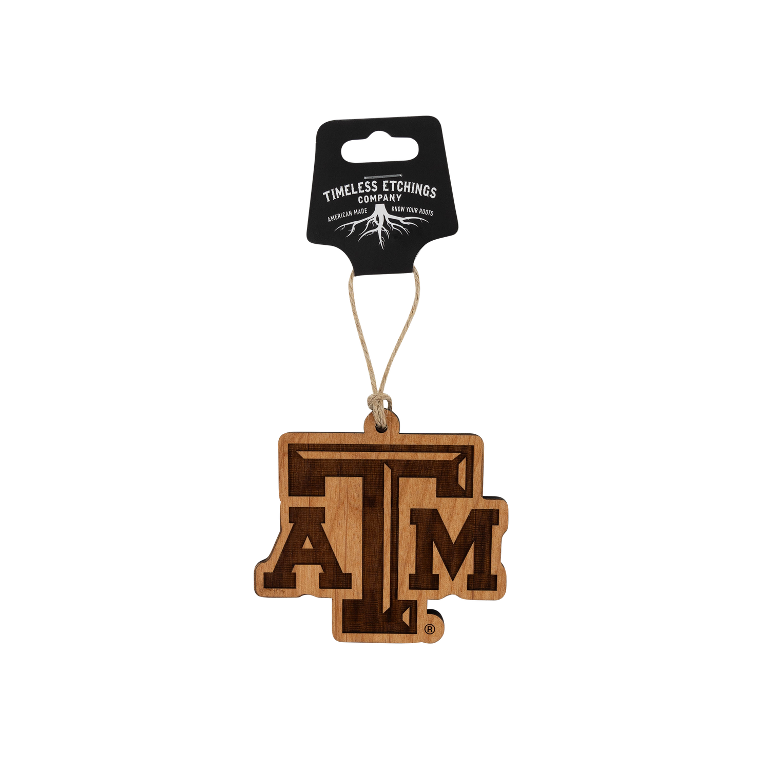 Wooden Texas A&M logo ornament featuring a rustic, engraved design and natural wood finish, hanging from a twine loop.