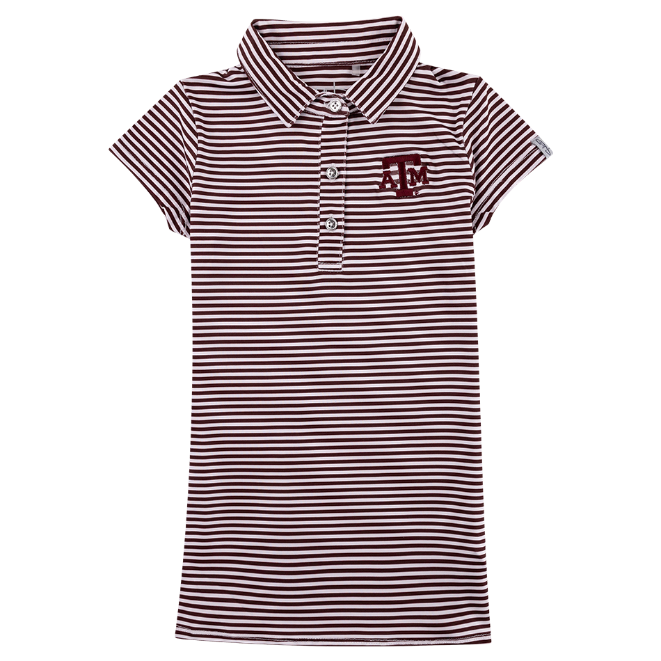 Maroon and white striped toddler's polo dress with maroon ATM logo on left side of the chest