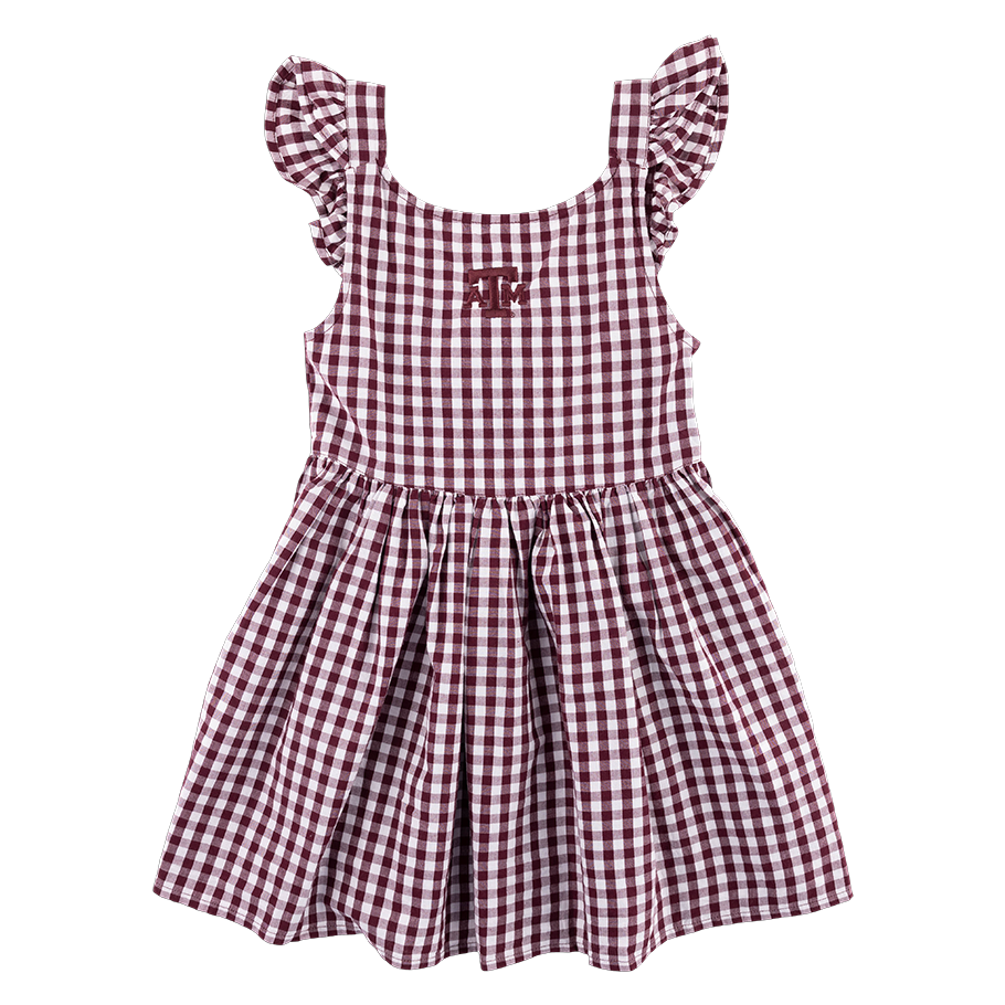 Ruffle tank top style dress with a maroon and white gingham pattern. Embroidered A&M located in the middle.