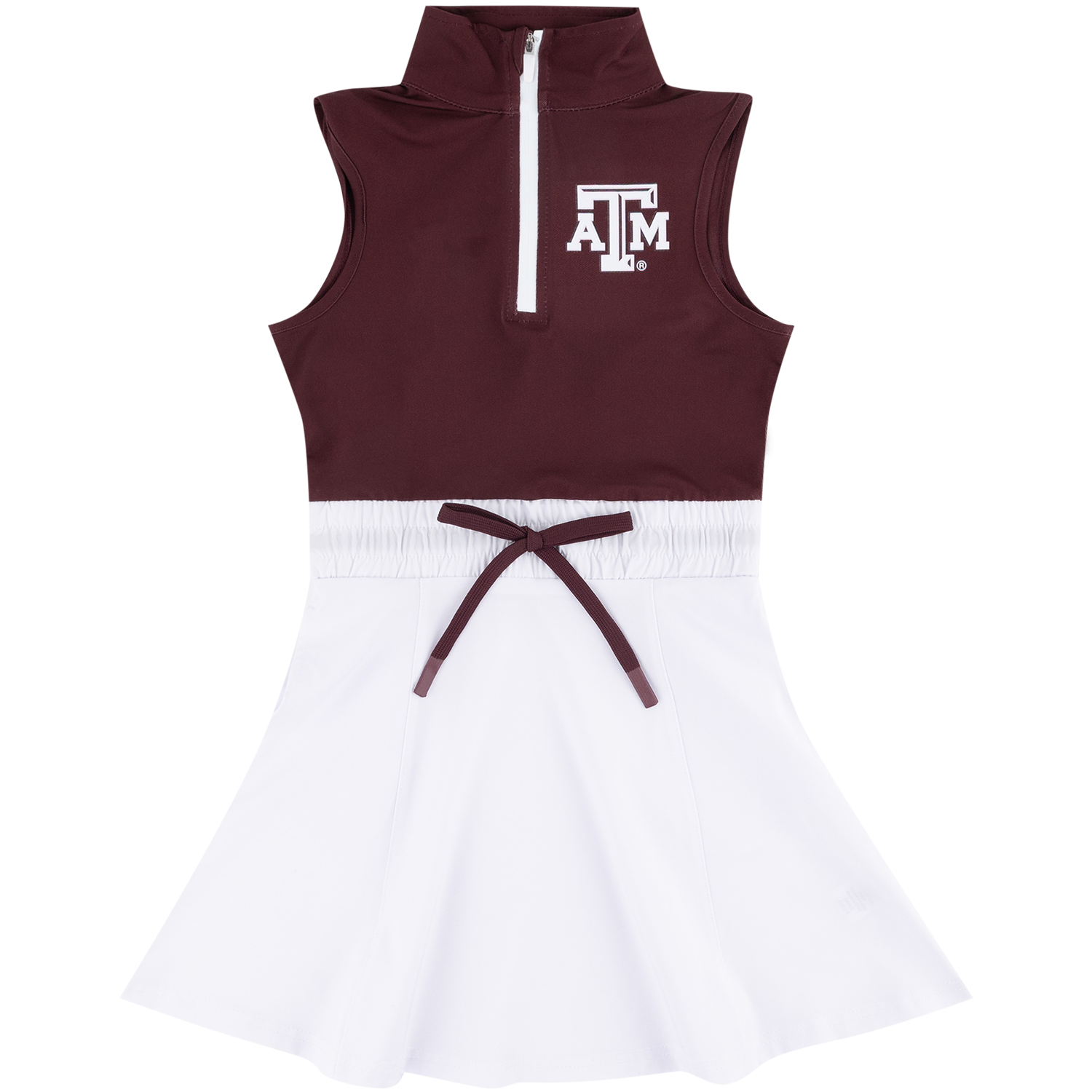 A sleeveless girls' dress with a maroon upper half featuring a white half-zip and a white 'A&M' logo, paired with a white skirt and maroon drawstring waist.