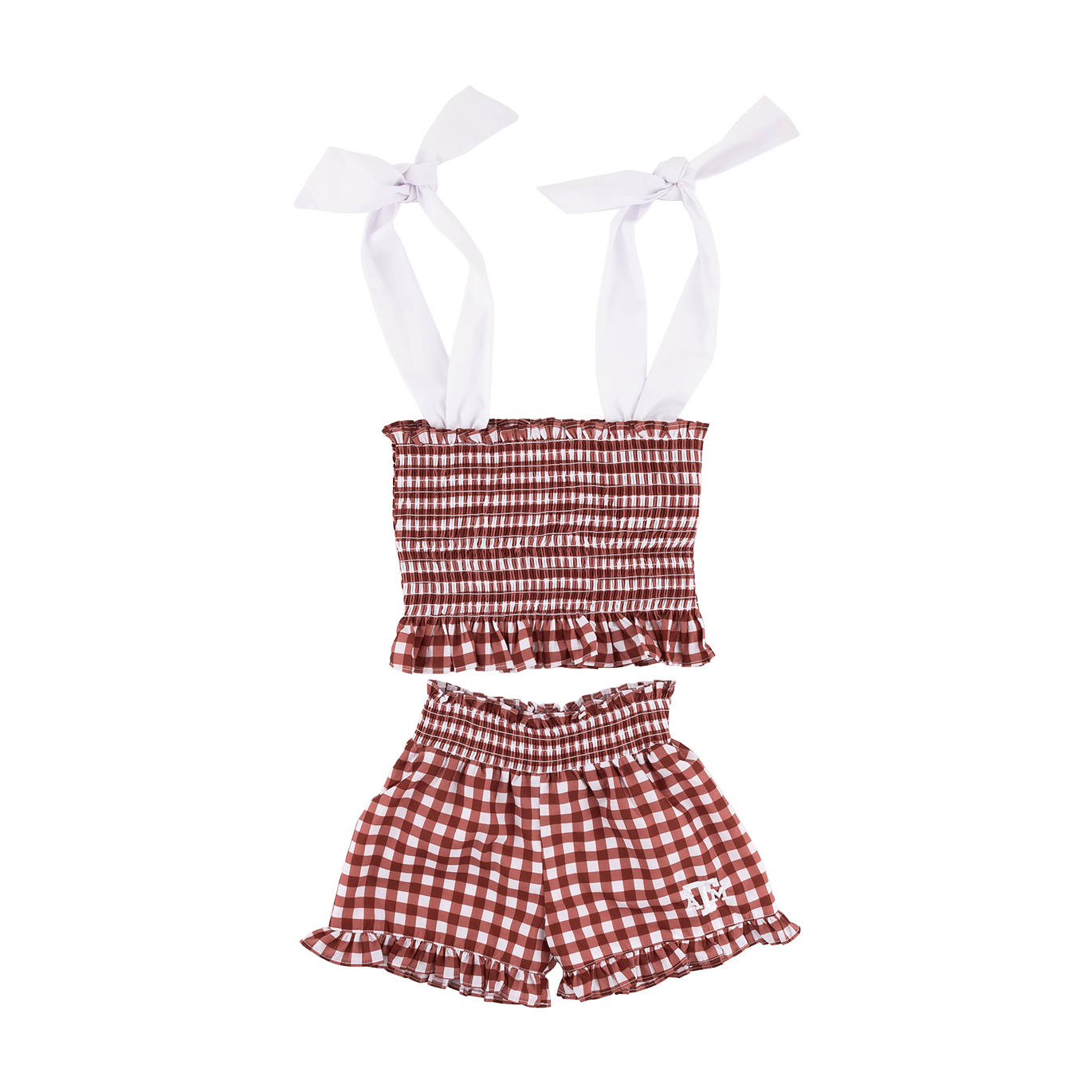 Maroon and white checkered tank and shorts set with white ATM logo on the shorts