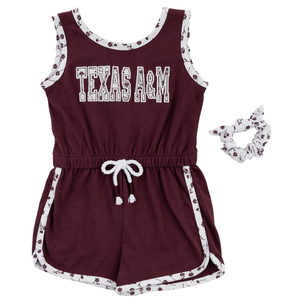 Toddler Texas A&M Romper with maroon flowers and scrunchie
