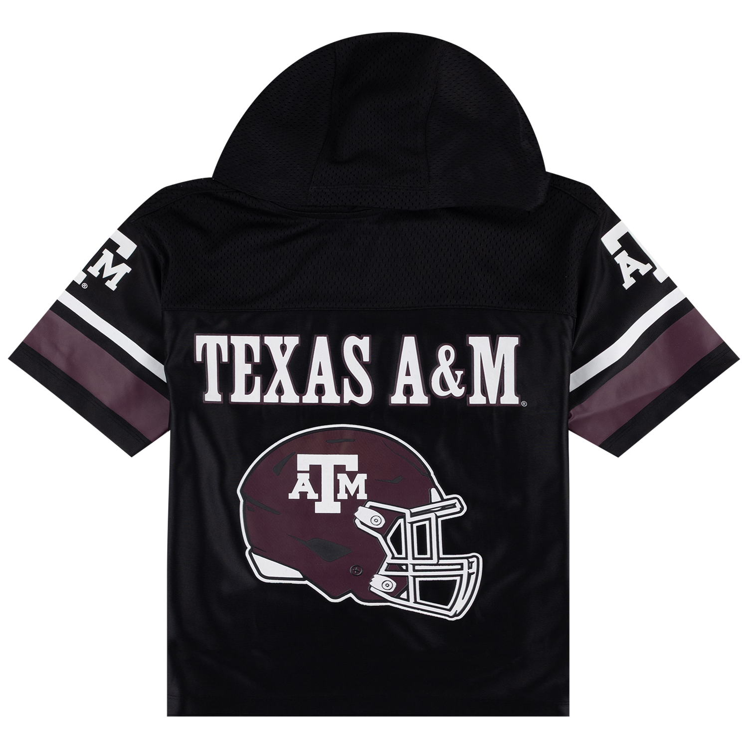 Black Texas A&M University short-sleeve hooded jersey shown from the back, featuring 'TEXAS A&M' in white block letters across the upper back, a large maroon and white football helmet graphic below, and white lettering with maroon and white sleeve stripes.