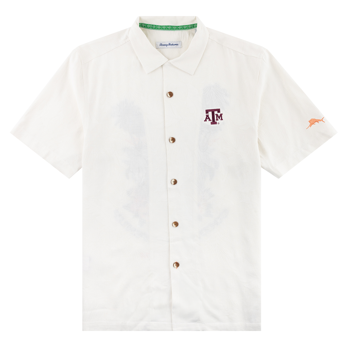 White button down with 5 brown buttons. Embroidered A&M logo located on the left side. 