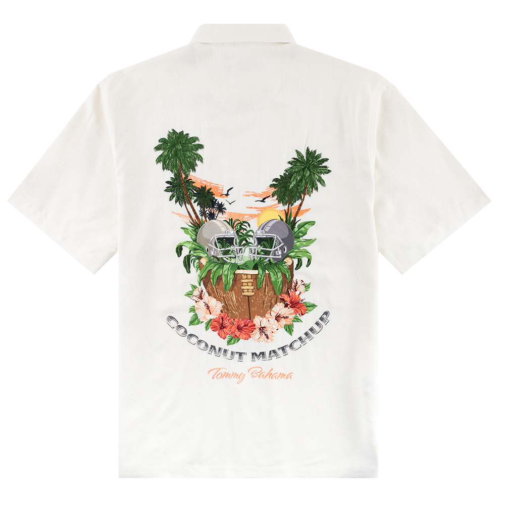 White shirt with a tropical football themed logo on the back. 