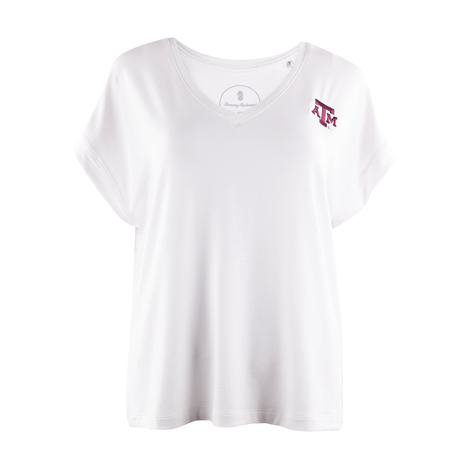 White V-neck tee with maroon ATM logo on the left side of the chest
