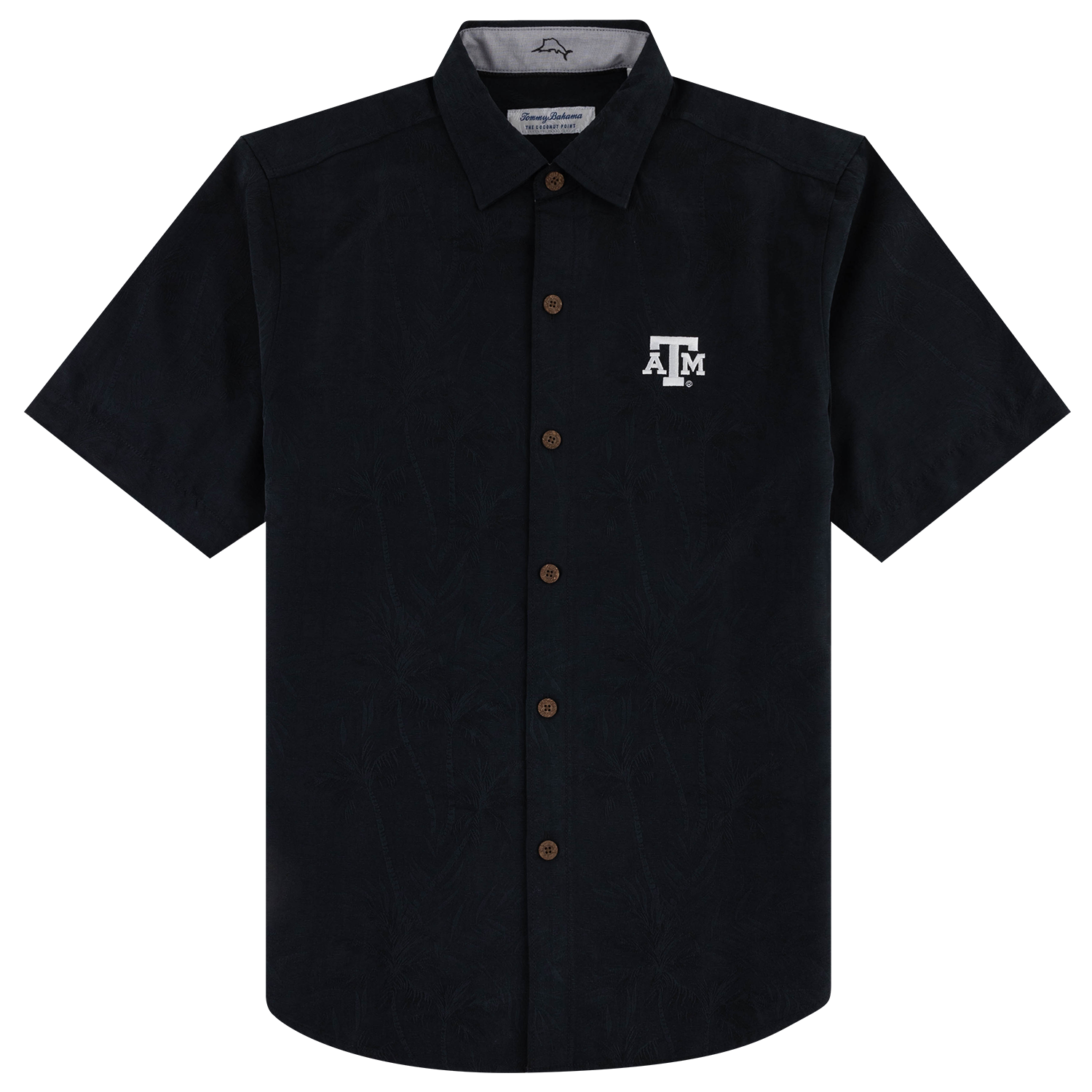 A short-sleeve button-down shirt in black with a subtle tonal palm tree pattern and a white Texas A&M logo on the left chest, displayed on a clean white background.