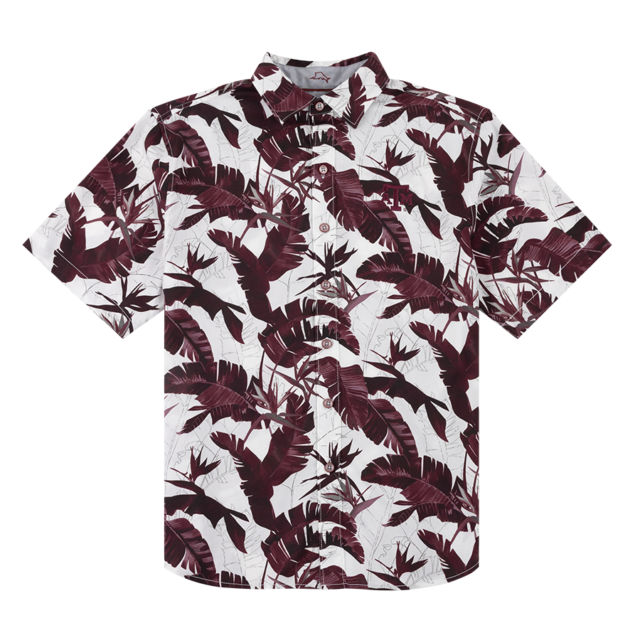 White and maroon Hawaiian button down with maroon ATM logo on the left side of the chest