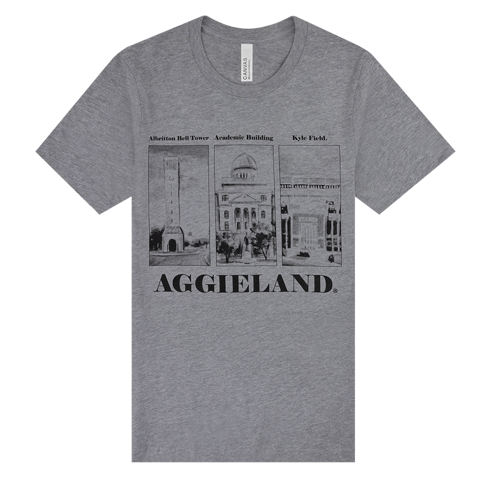Gray t-shirt with black graphic design and 'AGGIELAND' text