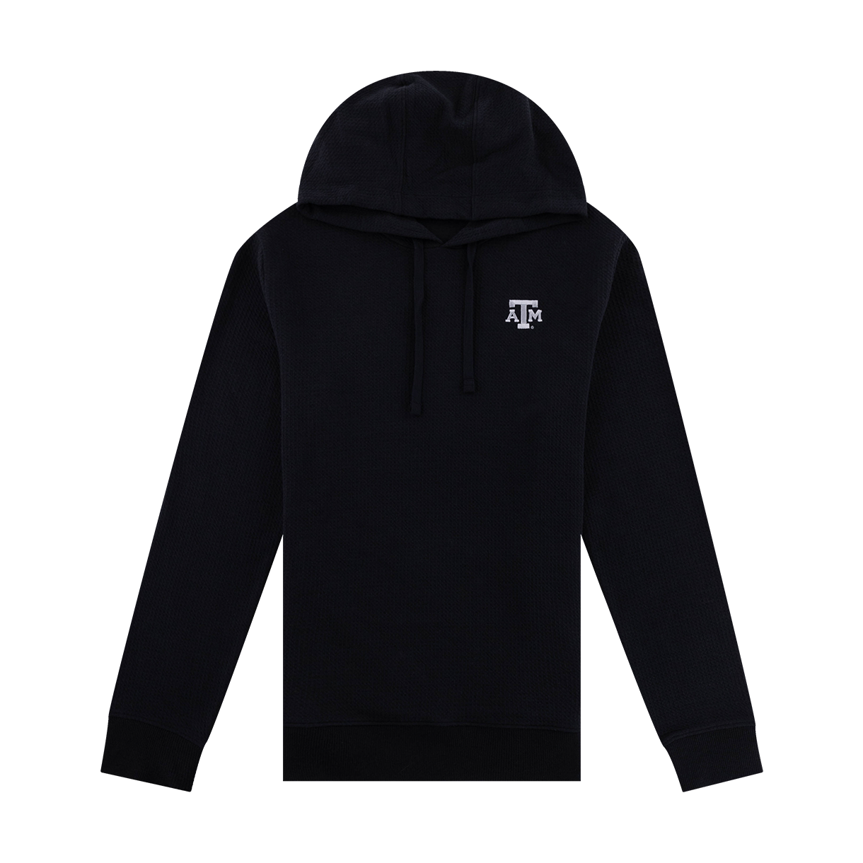 Black waffle cloud hoodie with silver ATM logo on the left side of the chest.