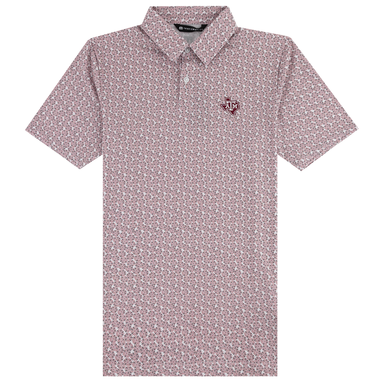 A short-sleeve polo shirt with an all-over small floral print in maroon and white, featuring a Texas A&M Aggies logo embroidered on the left chest.