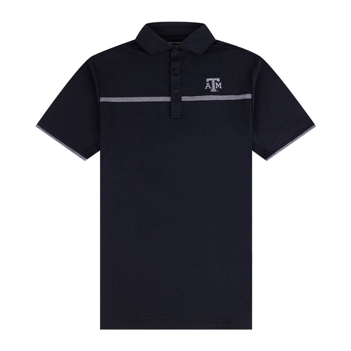 Travis Mathew black polo with Texas A&M Lettering on upper left chest.