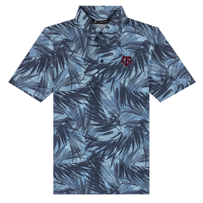 Button down shirt with blue tropical leaves design and maroon ATM logo