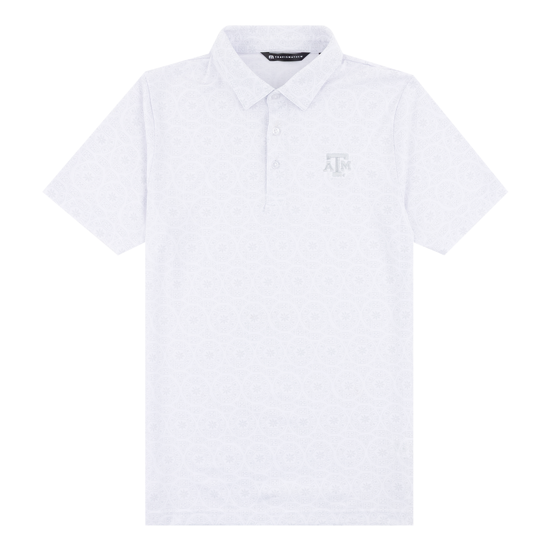 White polo with Italian tilework design and white ATM logo on the left side of the chest.