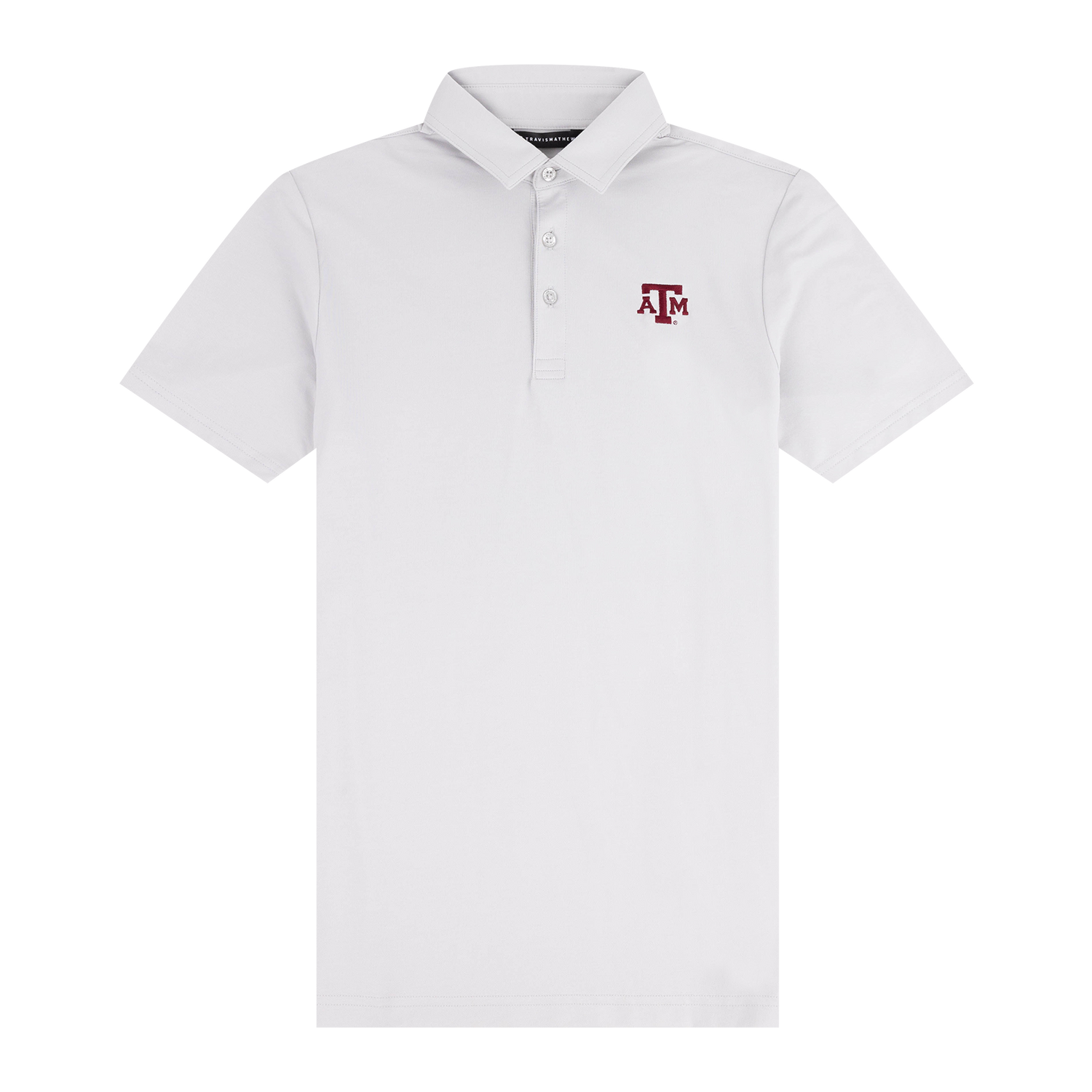 Travis Mathew gray polo with Texas A&M lettering on the upper left chest.