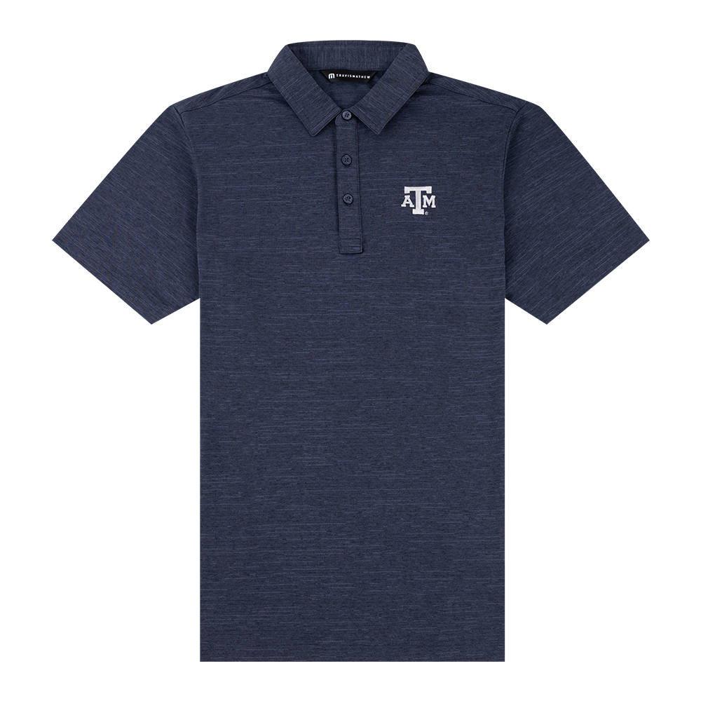 Indigo polo with white ATM logo on the left side of the chest